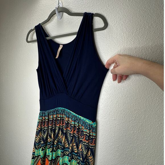 Gilli Navy Blue Teal Orange Multi Print Faux Wrap V-Neck Sleeveless Maxi Dress M - Picture 6 of 14